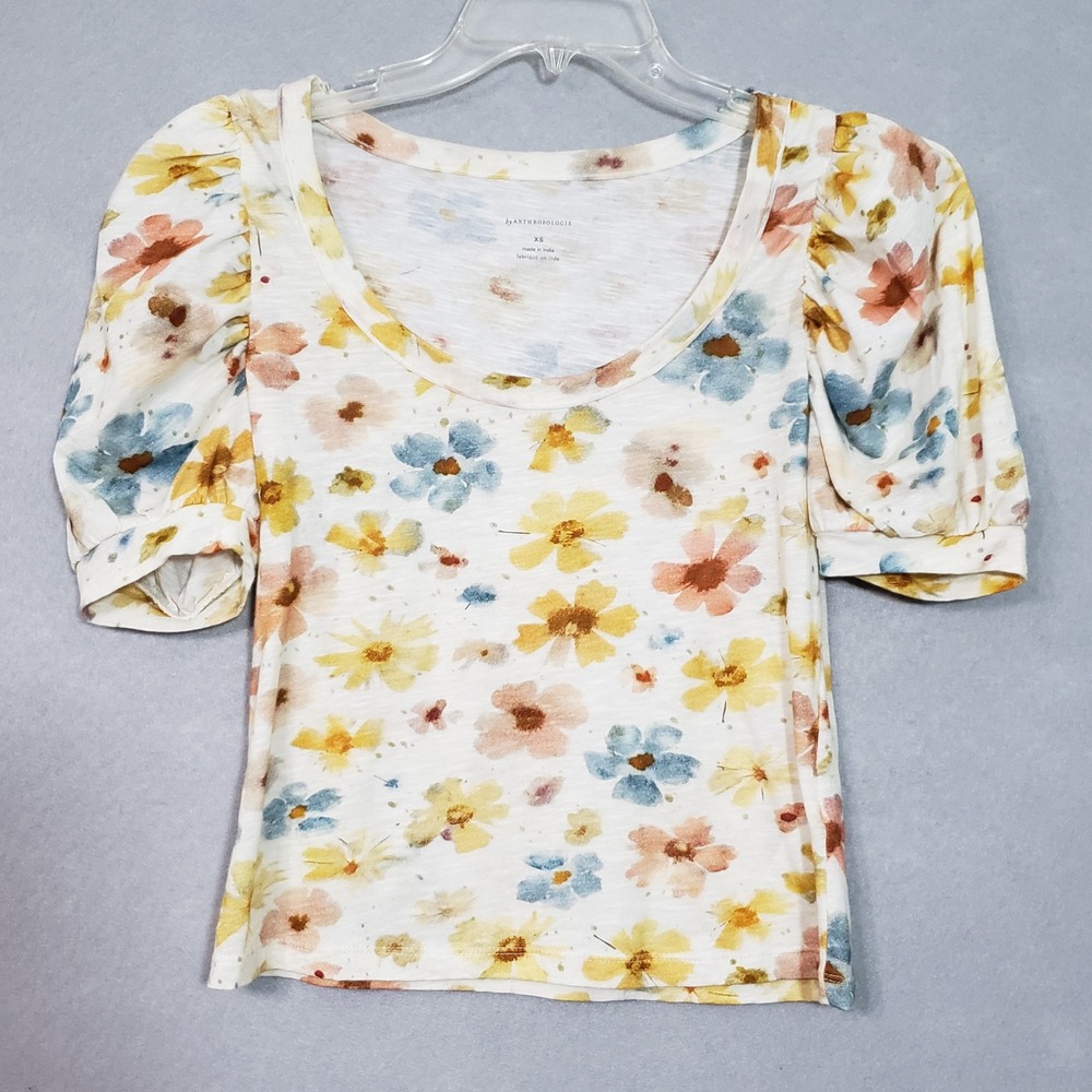 Anthropologie Womens XS Puff Sleeve Tee White Floral Watercolor OB2004329